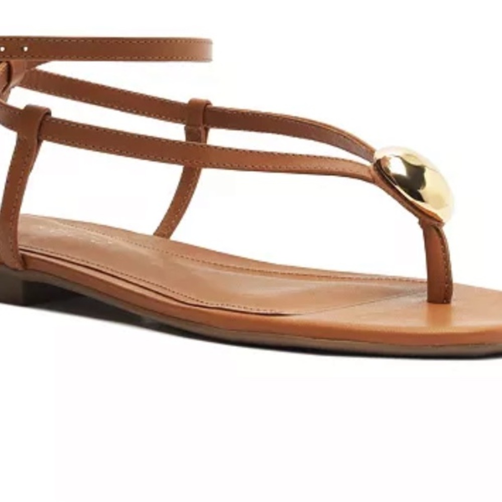 Gold and Brown Minimalist Sandals with T-Strap Design